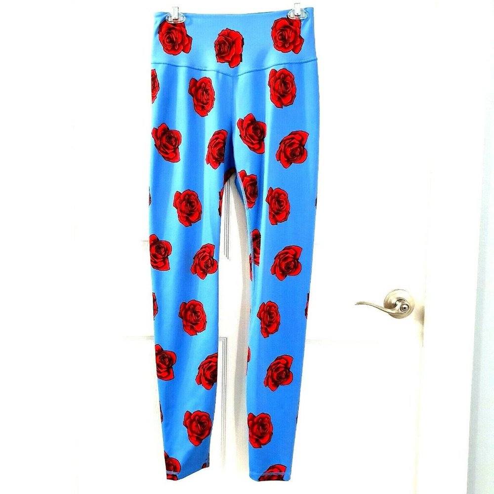 FIT BOOTY L Blue Red Roses Ruched Slim Yoga Pants